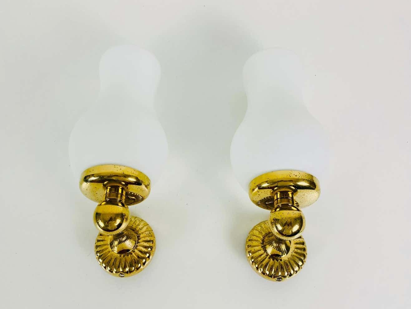 Pair Of Midcentury Brass And Opaline Glass Wall Lamps, Italy, 1960s photo furniture