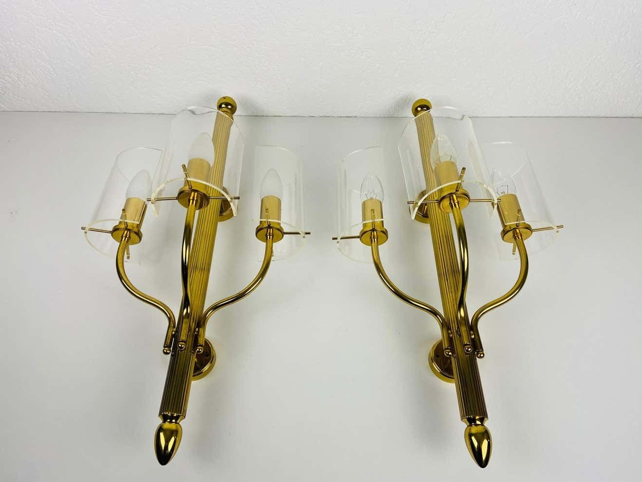 Huge Pair Of Mid Century Modern Brass And Perspex Cinema Wall Lamps, 1950s photo for sale