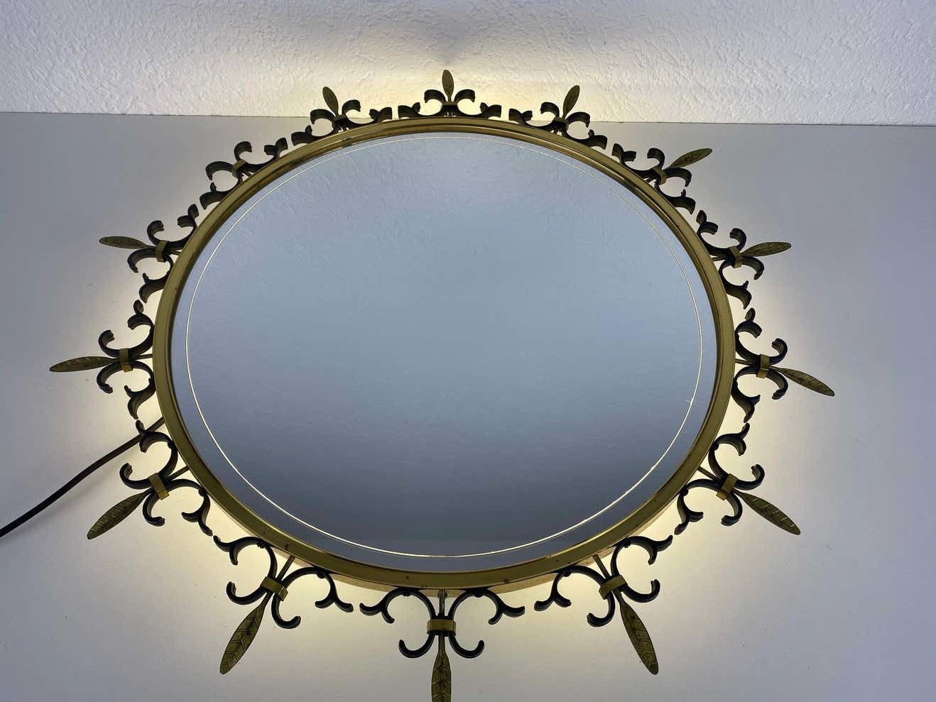 Mid Century Modern Italian Round Illuminated Brass Wall Mirror, Italy, 1960s photo for sale