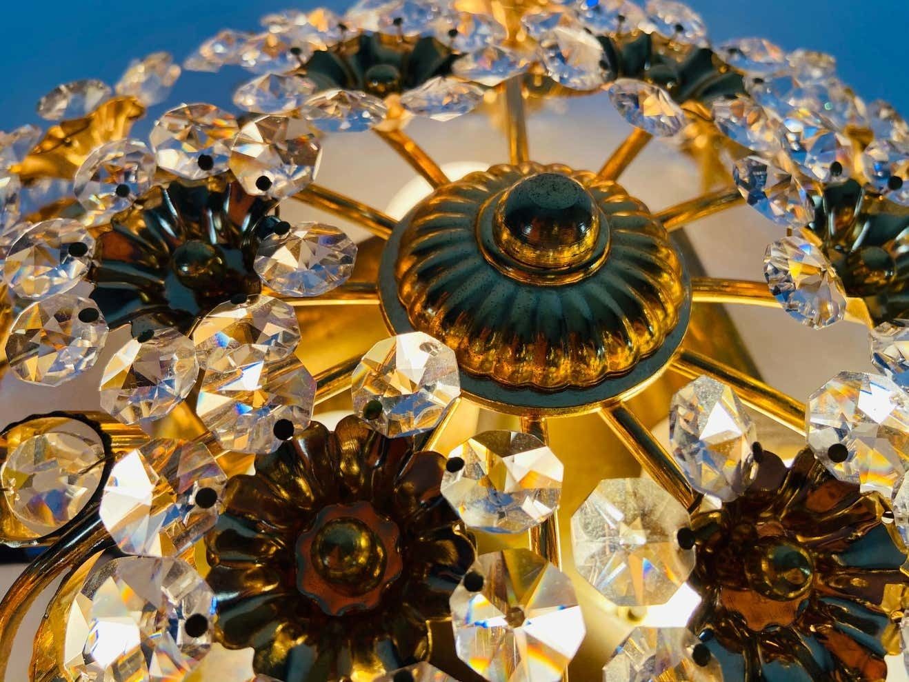 photo furniture Gilt Brass And Crystal Glass Flush Mount By Palwa, Germany, 1970s