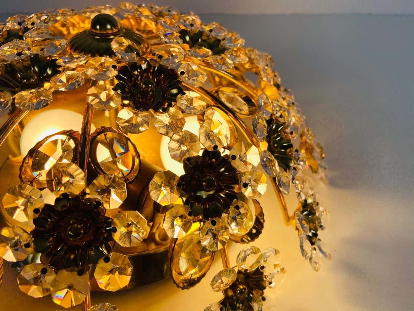 photo for sale Gilt Brass And Crystal Glass Flush Mount By Palwa, Germany, 1970s