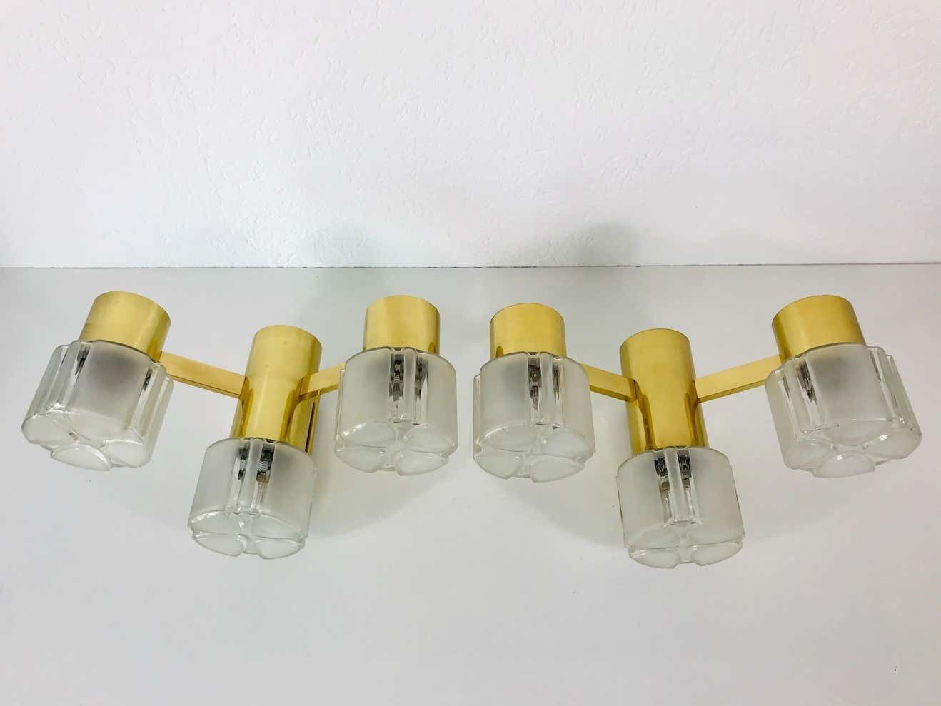 Swedish Midcentury Pair Of Brass And Glass Wall Lamps, 1960s photo vinterior