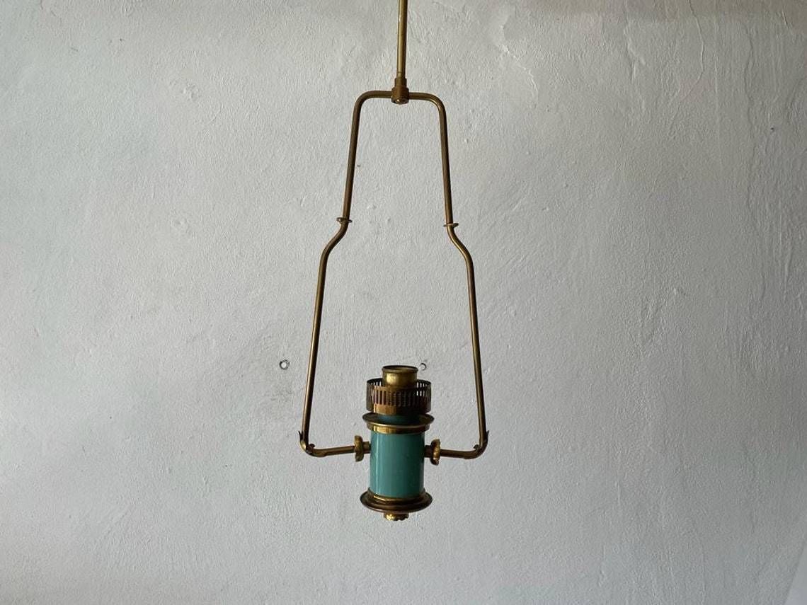 Italian Exceptional Brass & Turquois Green Pendant Lamp, In Style Of Stilnovo, 1950s, Italy photo 1924.48