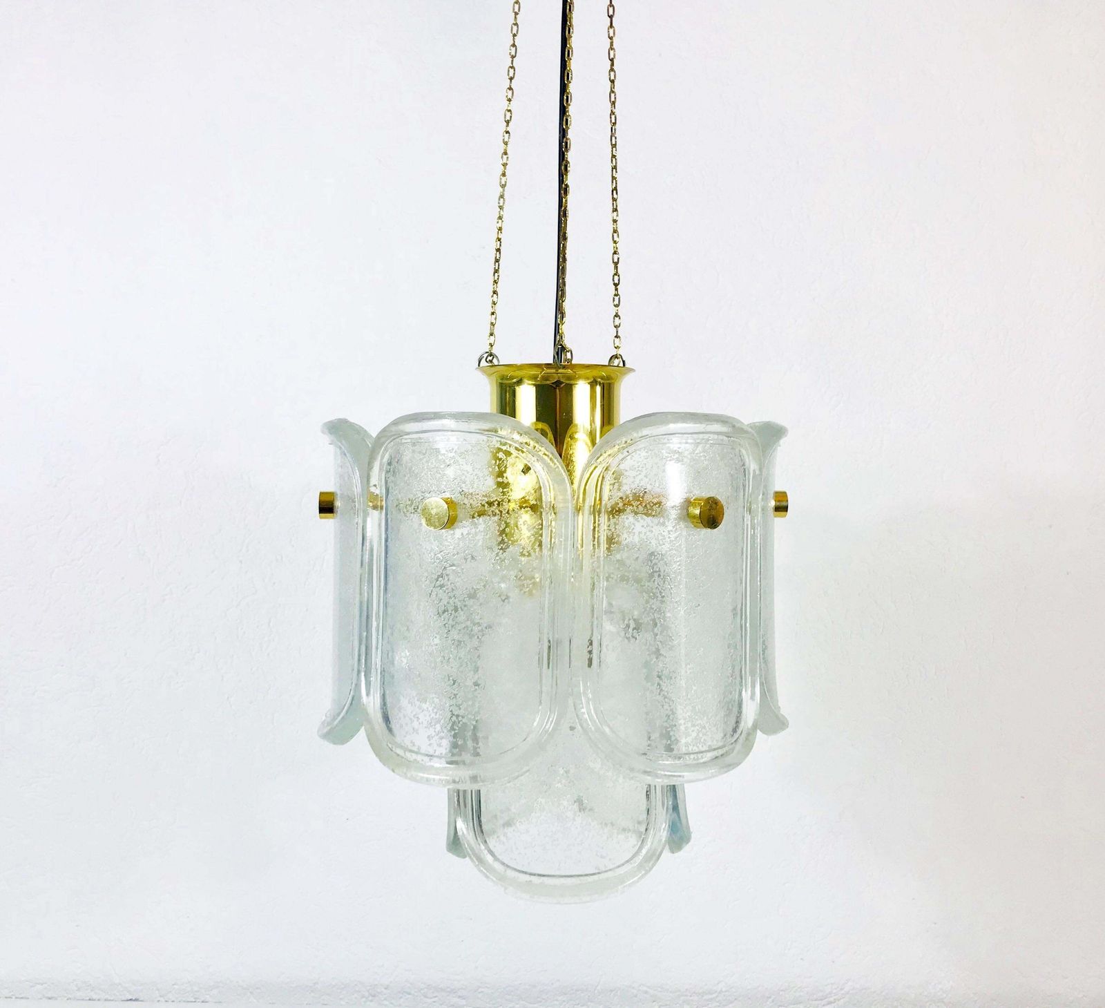 Extra Large Limburg Midcentury Two Tier Brass And Ice Glass Chandelier photo for sale