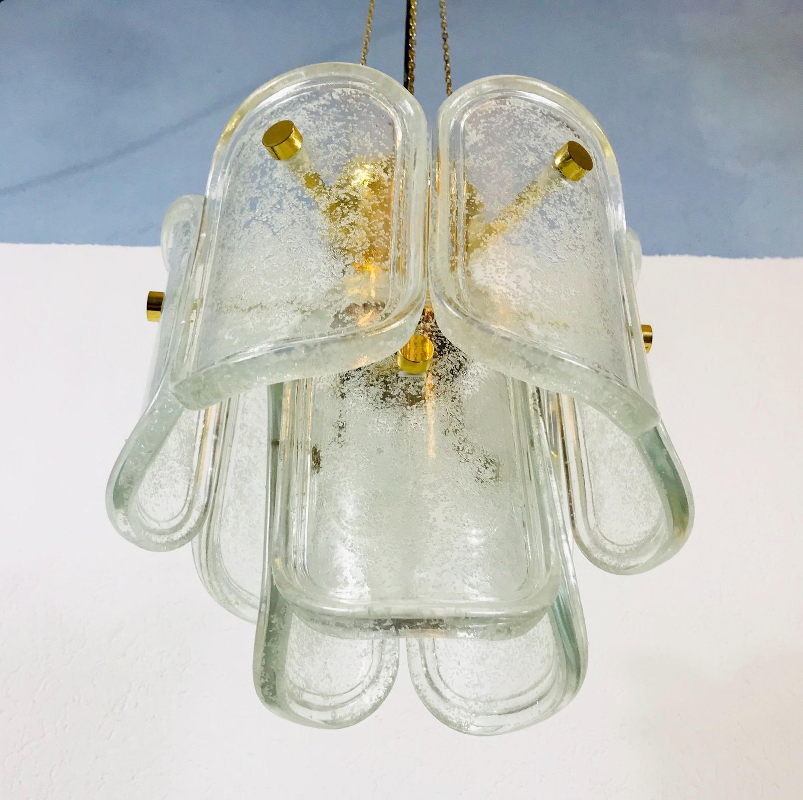 Extra Large Limburg Midcentury Two Tier Brass And Ice Glass Chandelier photo 1065.0