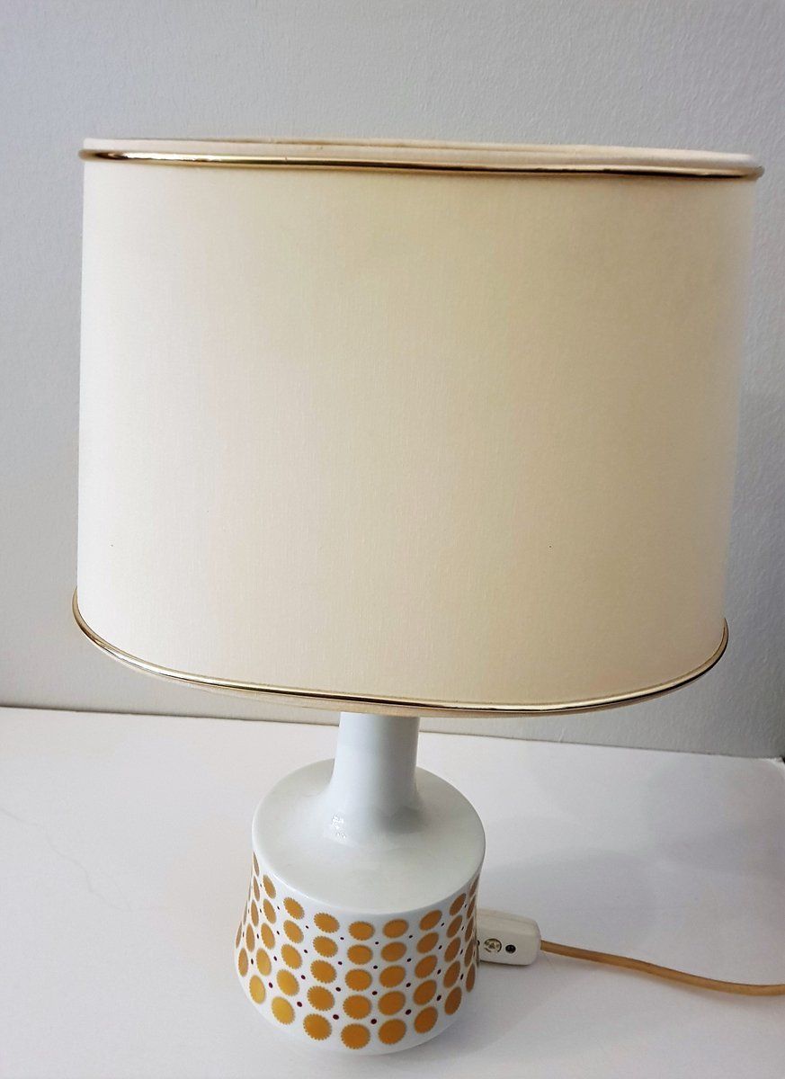 White Table Lamp With Porcelain Foot And Gold Ornamental 1960s