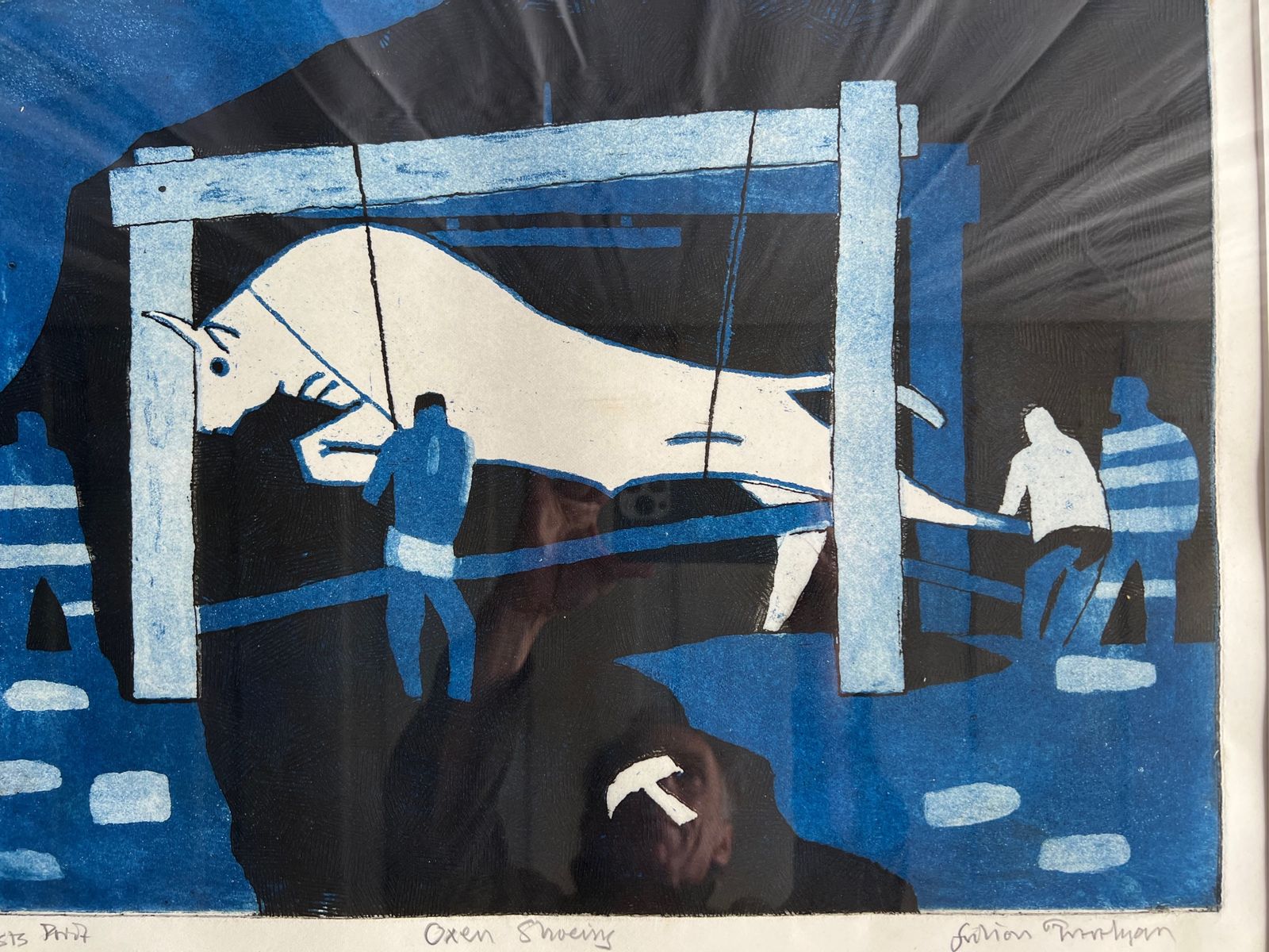 A Framed Artist Proof Lithograph/Etching. 'Oxen Shoeing'. Signed Julian Trevelyan. photo vinterior