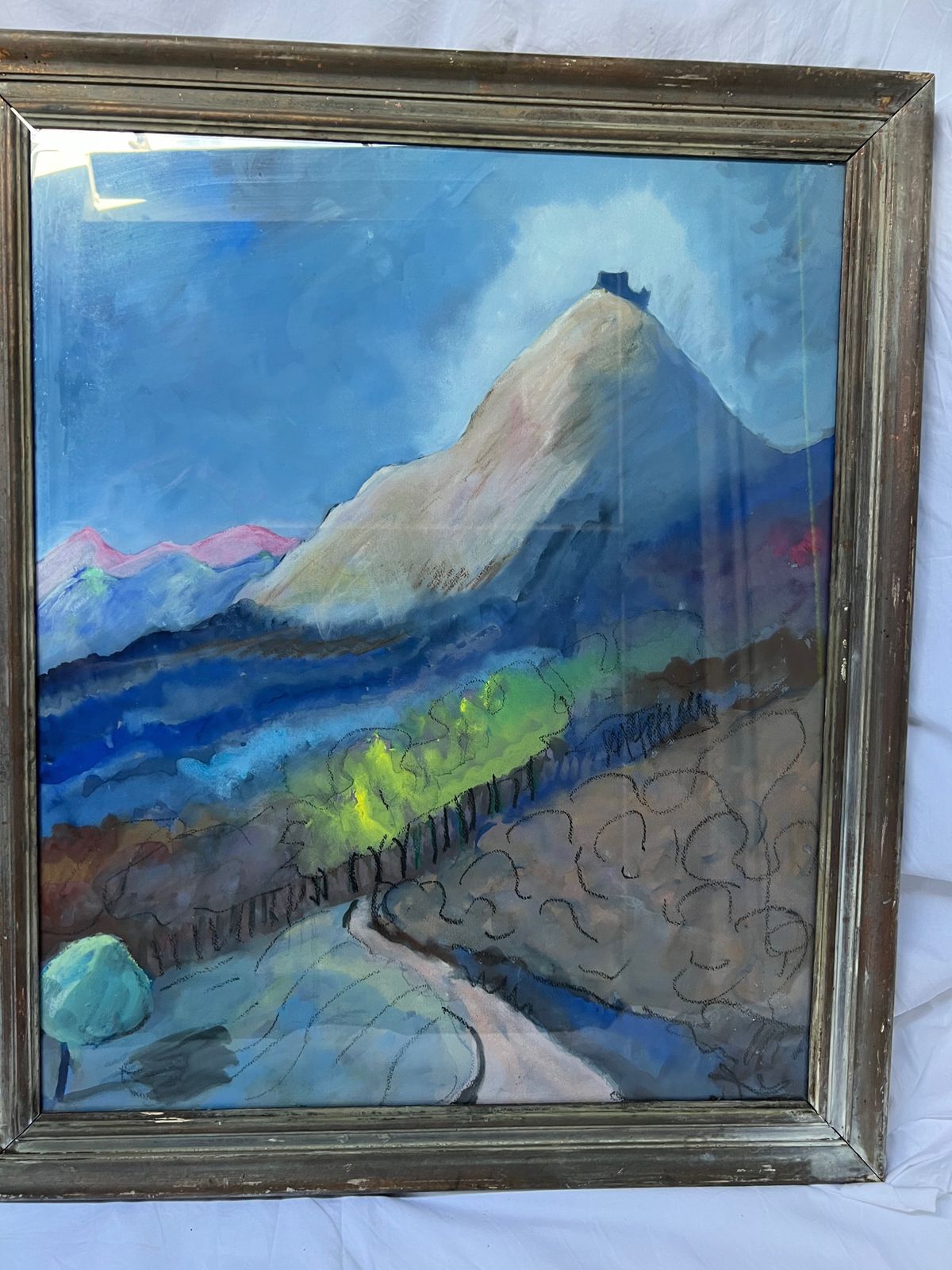 An Interesting Framed Oil Of A Castle/Monastery Behind Glass Un Signed photo furniture