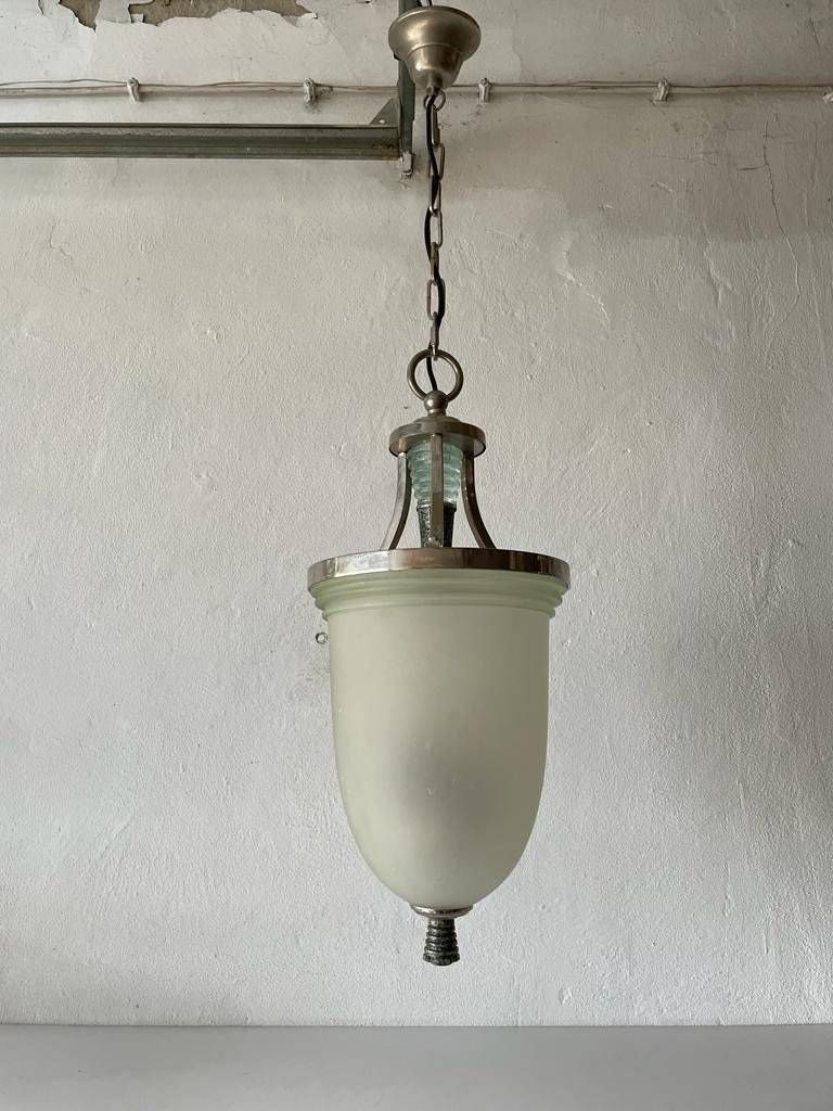 Exceptional Green Glass And Marble Art Deco Chrome Body Ceiling Lamp, 1940s, Italy photo for sale