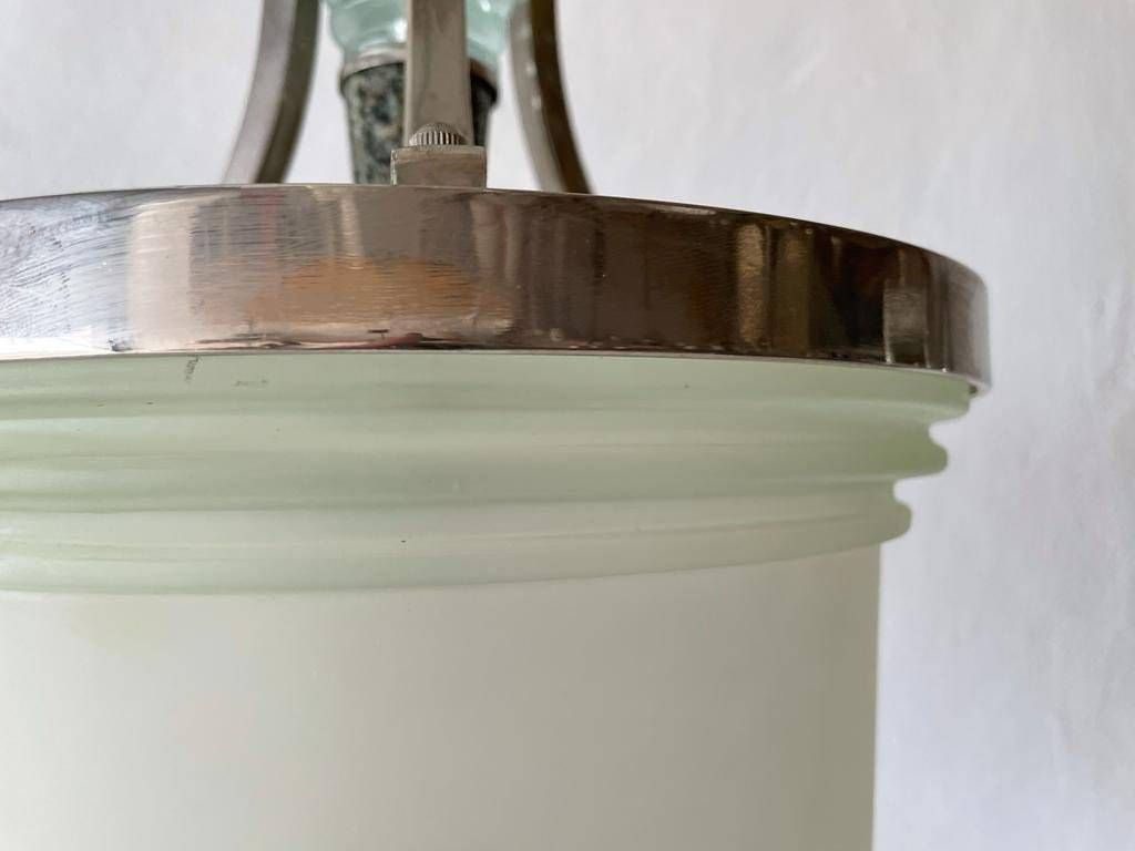 Exceptional Green Glass And Marble Art Deco Chrome Body Ceiling Lamp, 1940s, Italy photo vintage