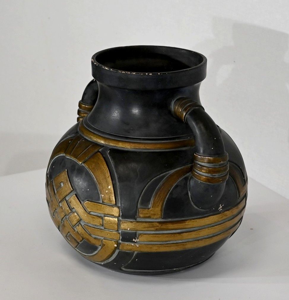 Anthracite And Golden Terracotta Vase – 1900 photo for sale