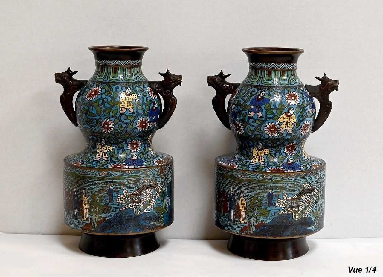 Pair Of Cloisonné Enamel Vases, Japan   2nd Part 19th photo vintage
