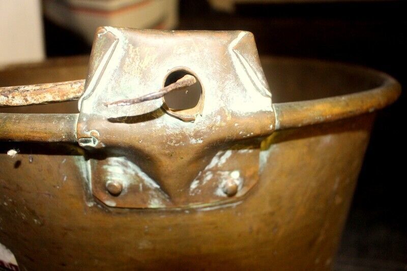 Ancient Original Large French Copper Cauldron Pot Log Fire Bin Planter photo vintage