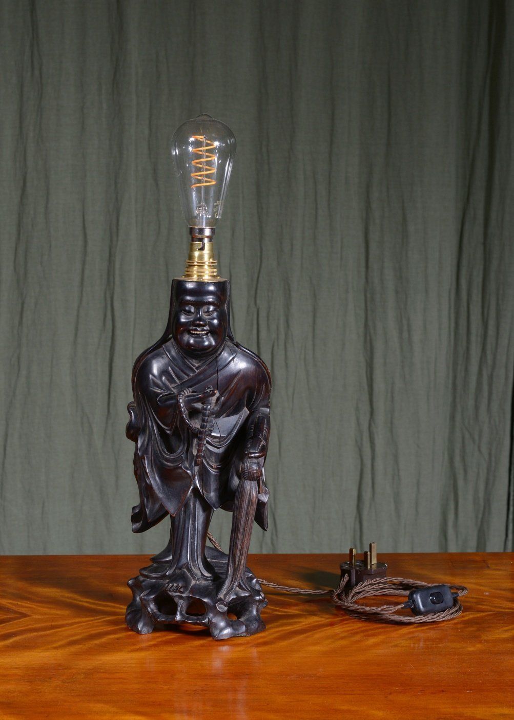 A Chinese Carved Wood Laughing Buddha Lamp   C.1920 photo furniture