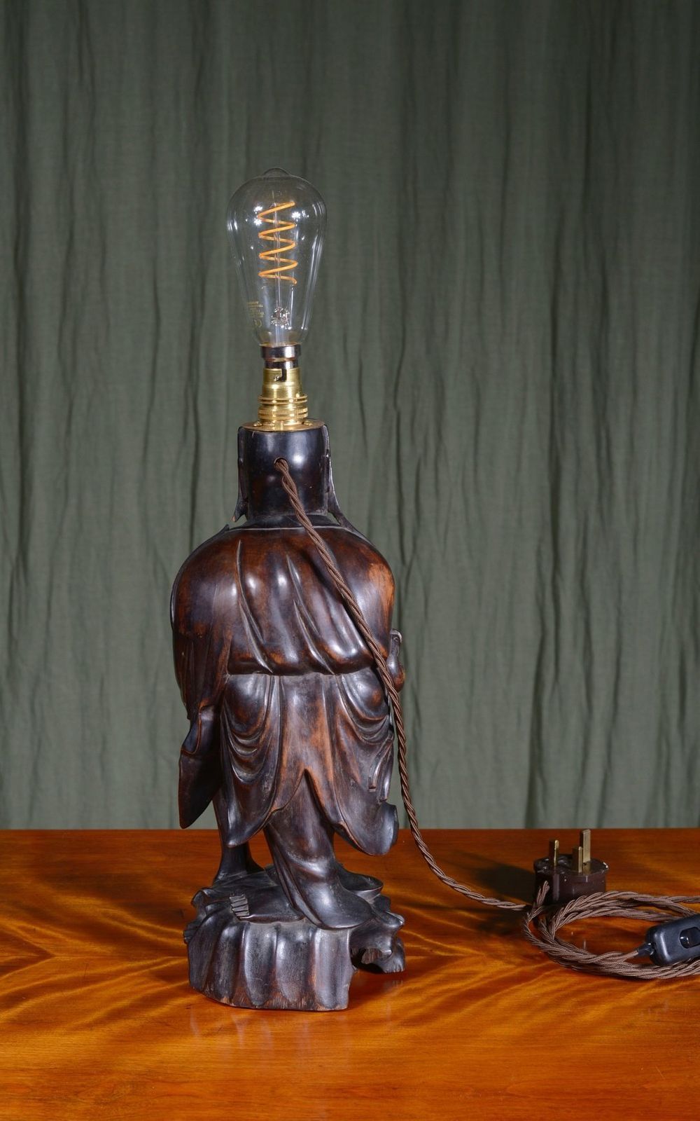A Chinese Carved Wood Laughing Buddha Lamp   C.1920 photo for sale
