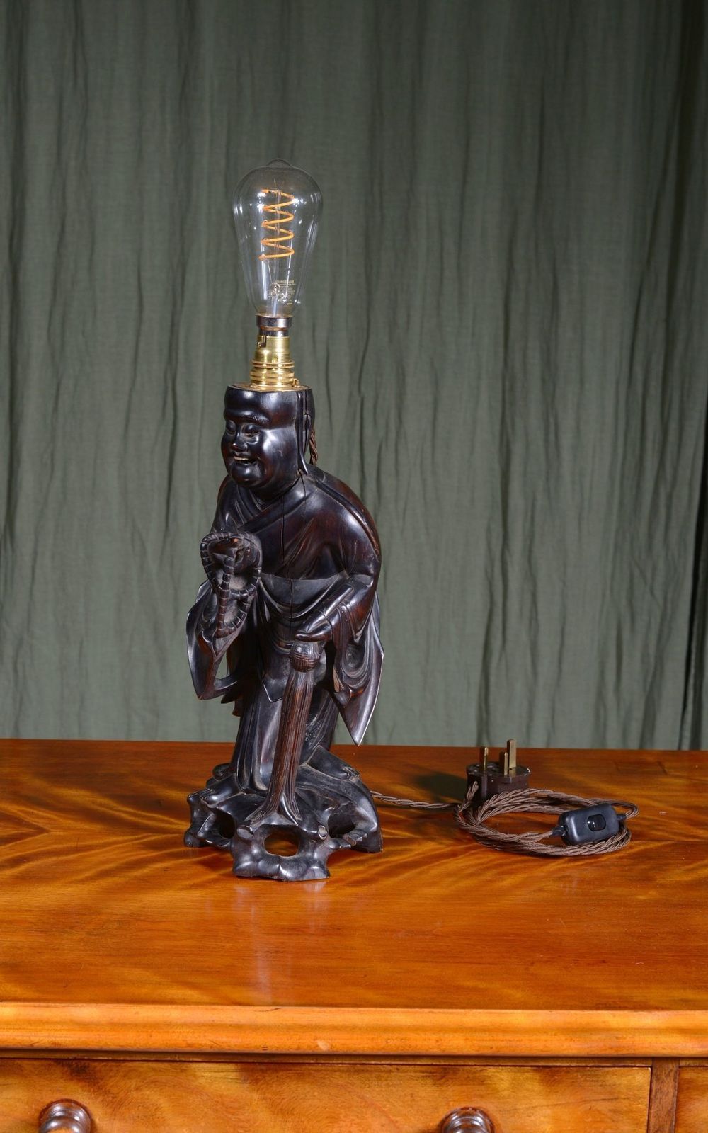 A Chinese Carved Wood Laughing Buddha Lamp   C.1920 photo Lighting