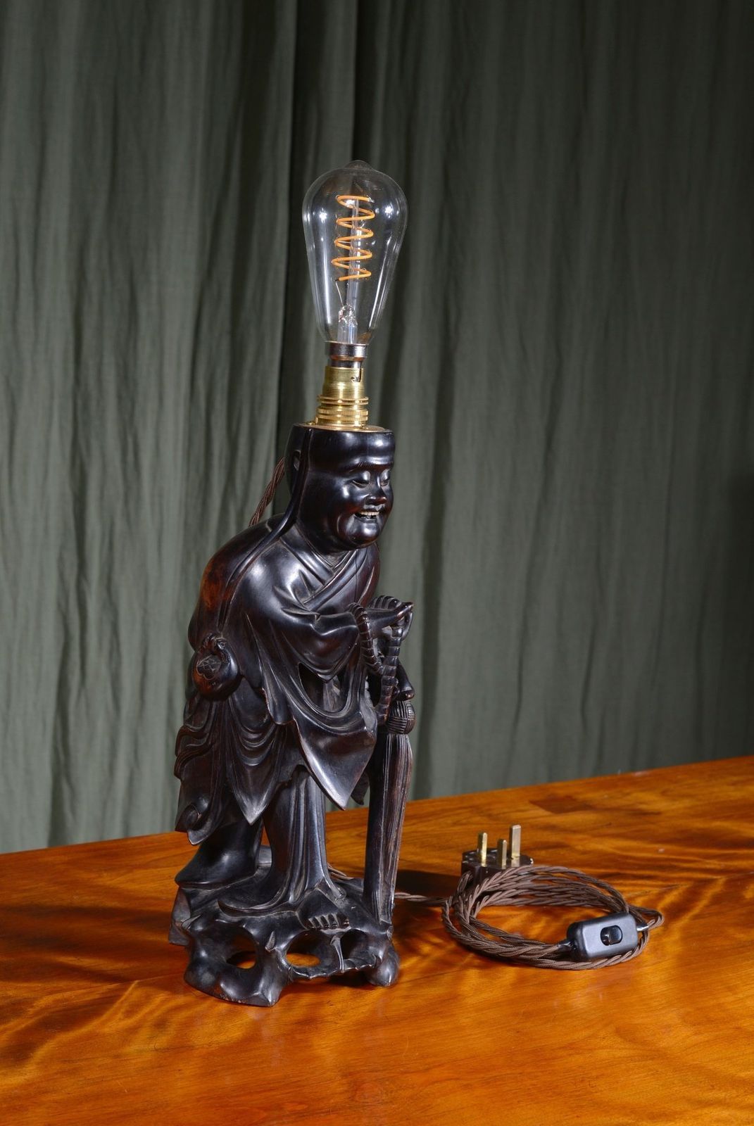 A Chinese Carved Wood Laughing Buddha Lamp   C.1920 photo 140.0