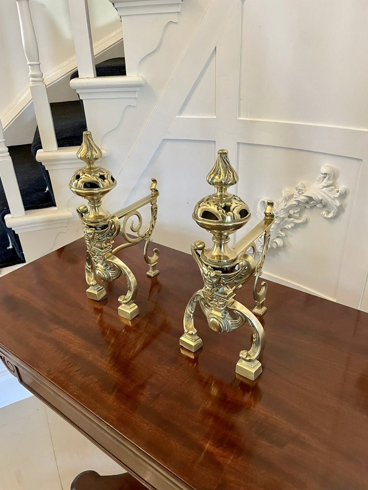 Fine Quality Pair Of Antique 19th Century Ornate Brass Fire Dogs photo Home Decor