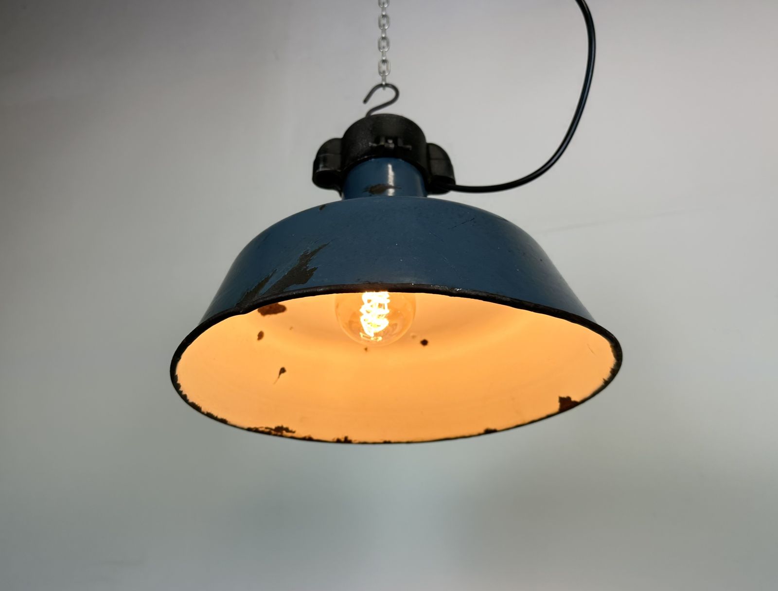 Industrial Blue Enamel Factory Lamp With Cast Iron Top, 1960s photo vinterior
