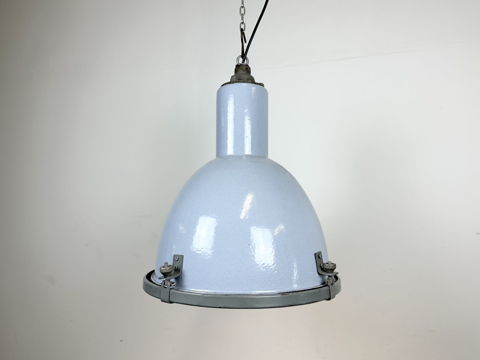 Bauhaus Grey Enamel Factory Pendant Lamp With Glass Cover, 1950s, 18x photo Lighting