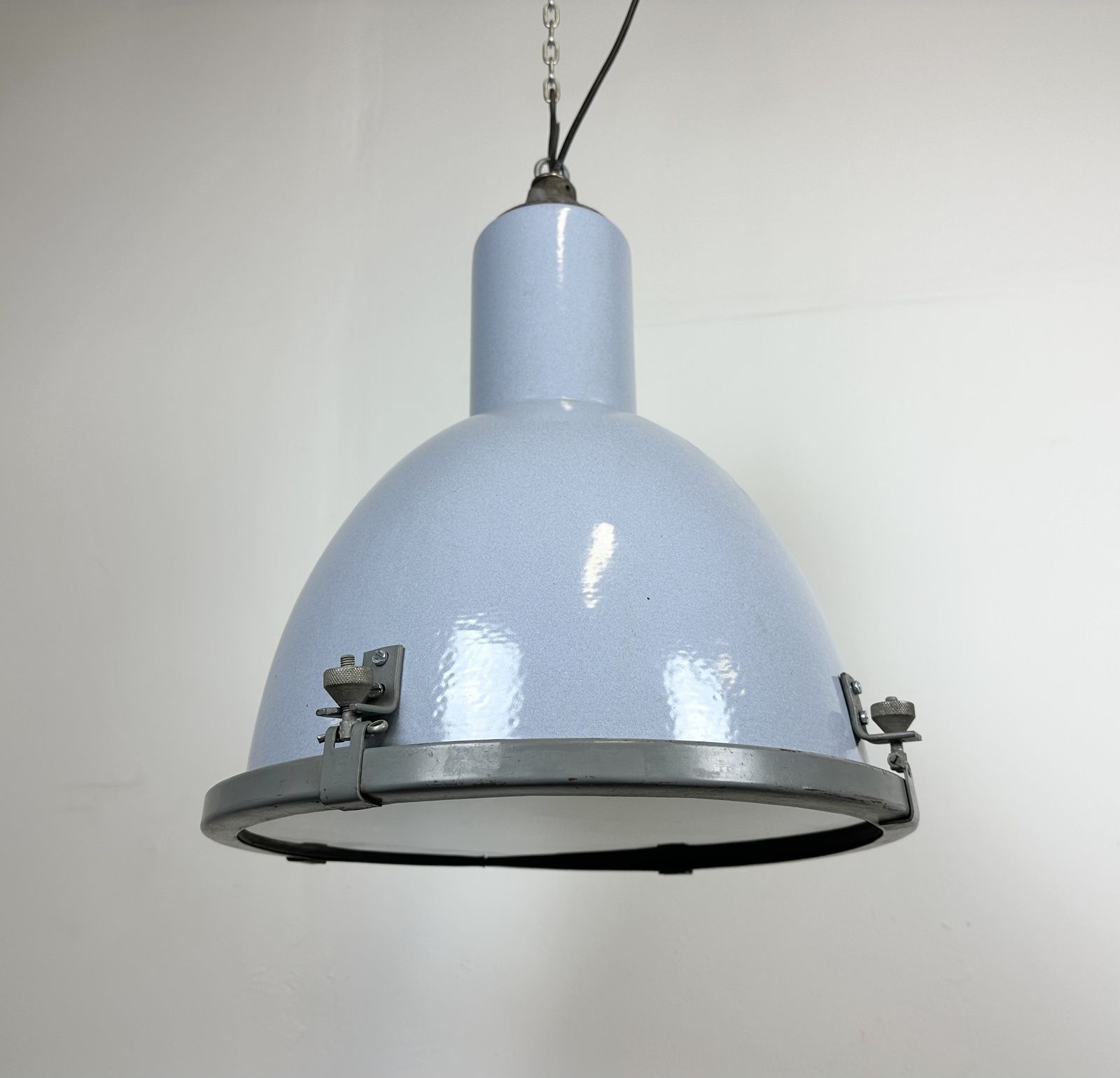 Bauhaus Grey Enamel Factory Pendant Lamp With Glass Cover, 1950s, 18x photo 219.0