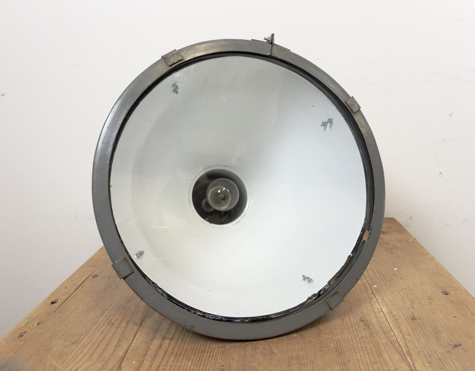photo buy Bauhaus Grey Enamel Factory Pendant Lamp With Glass Cover, 1950s, 18x