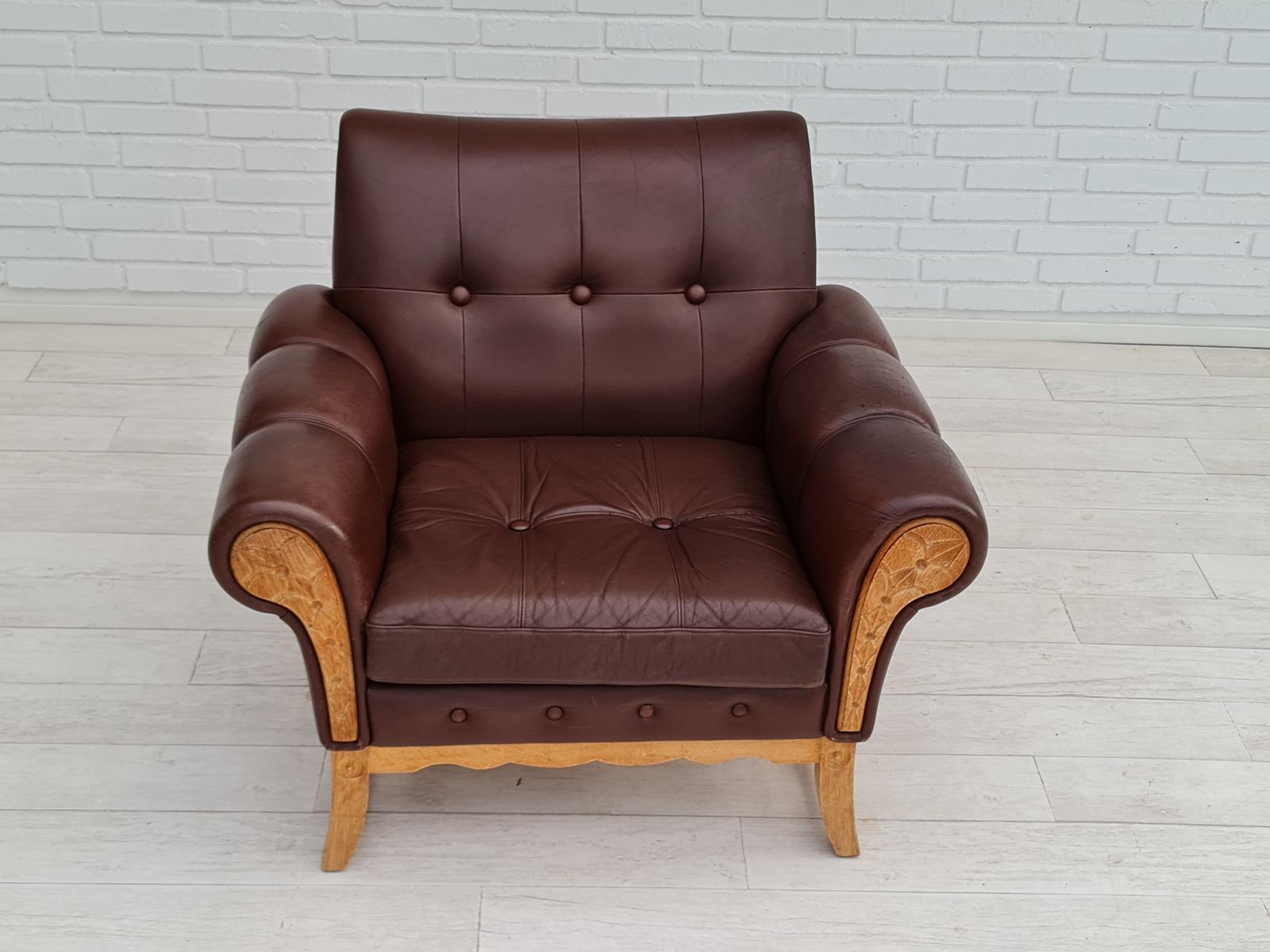 70s, Vintage Danish Armchair, Leather, Oak Wood