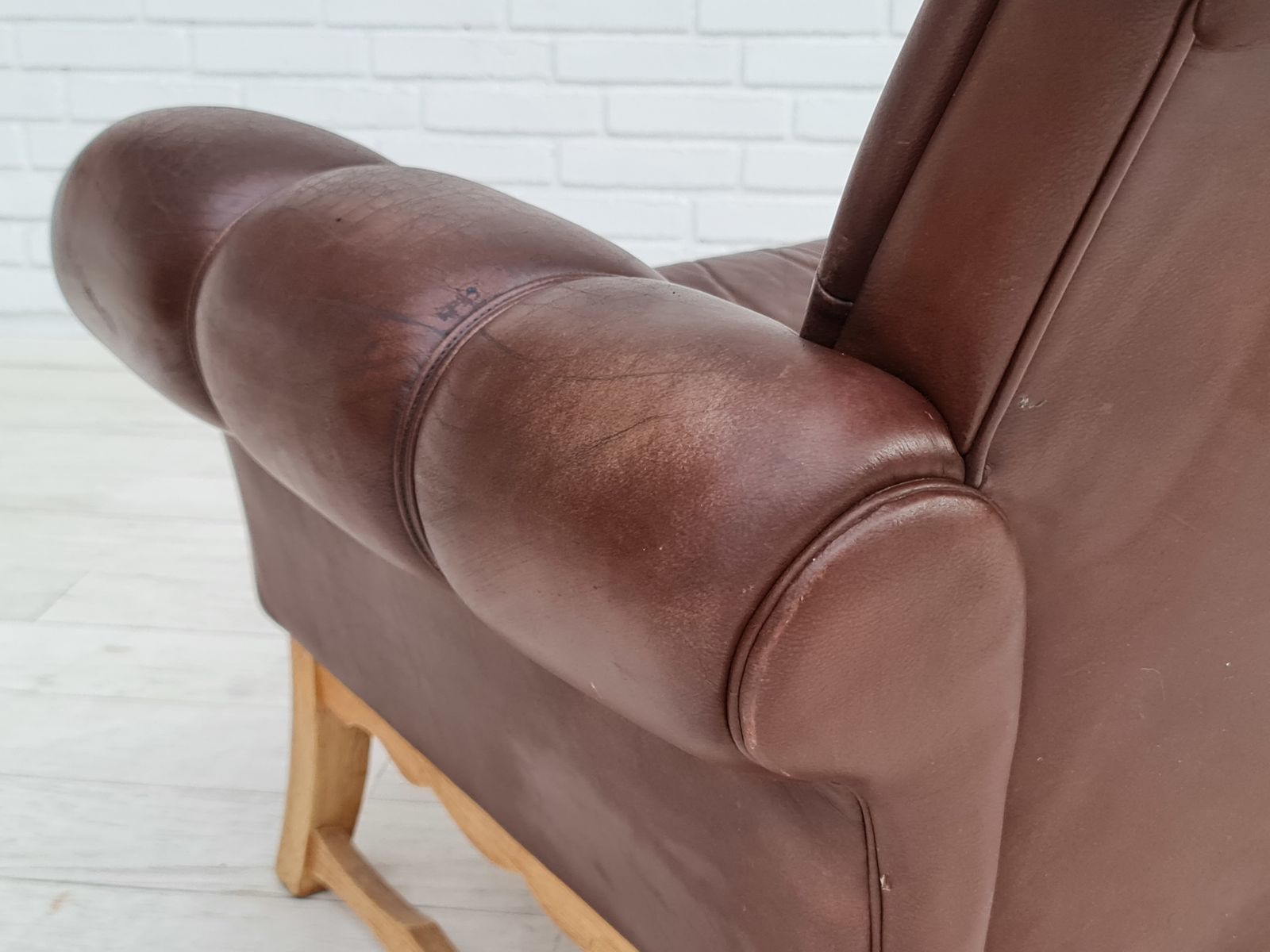 70s, Vintage Danish Armchair, Leather, Oak Wood photo vintage