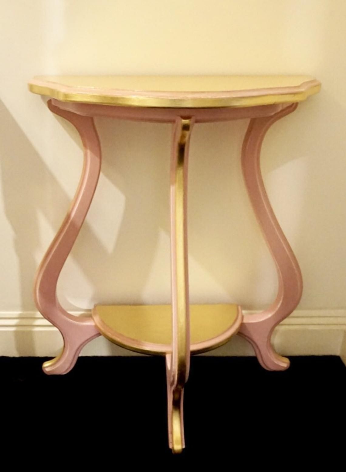 Half Moon Dusty Pink And Gold Console Table, With Curved Legs, Scalloped To Edge And Shelf. photo furniture