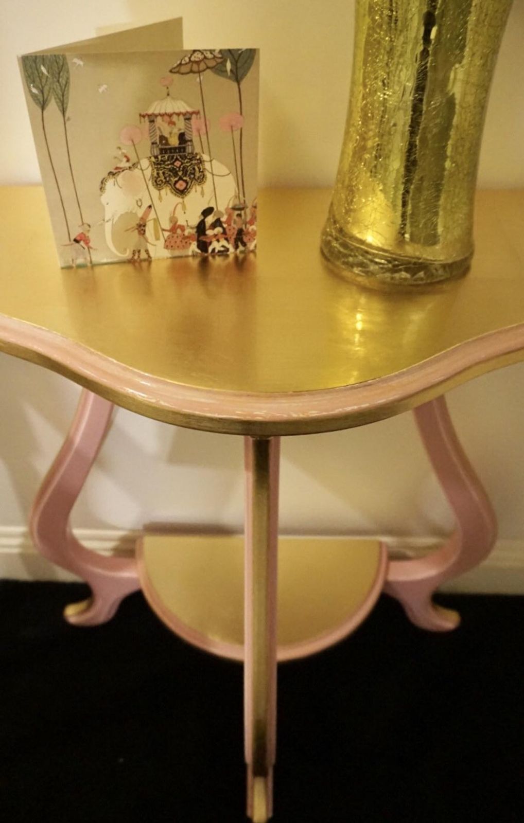 Half Moon Dusty Pink And Gold Console Table, With Curved Legs, Scalloped To Edge And Shelf. photo for sale