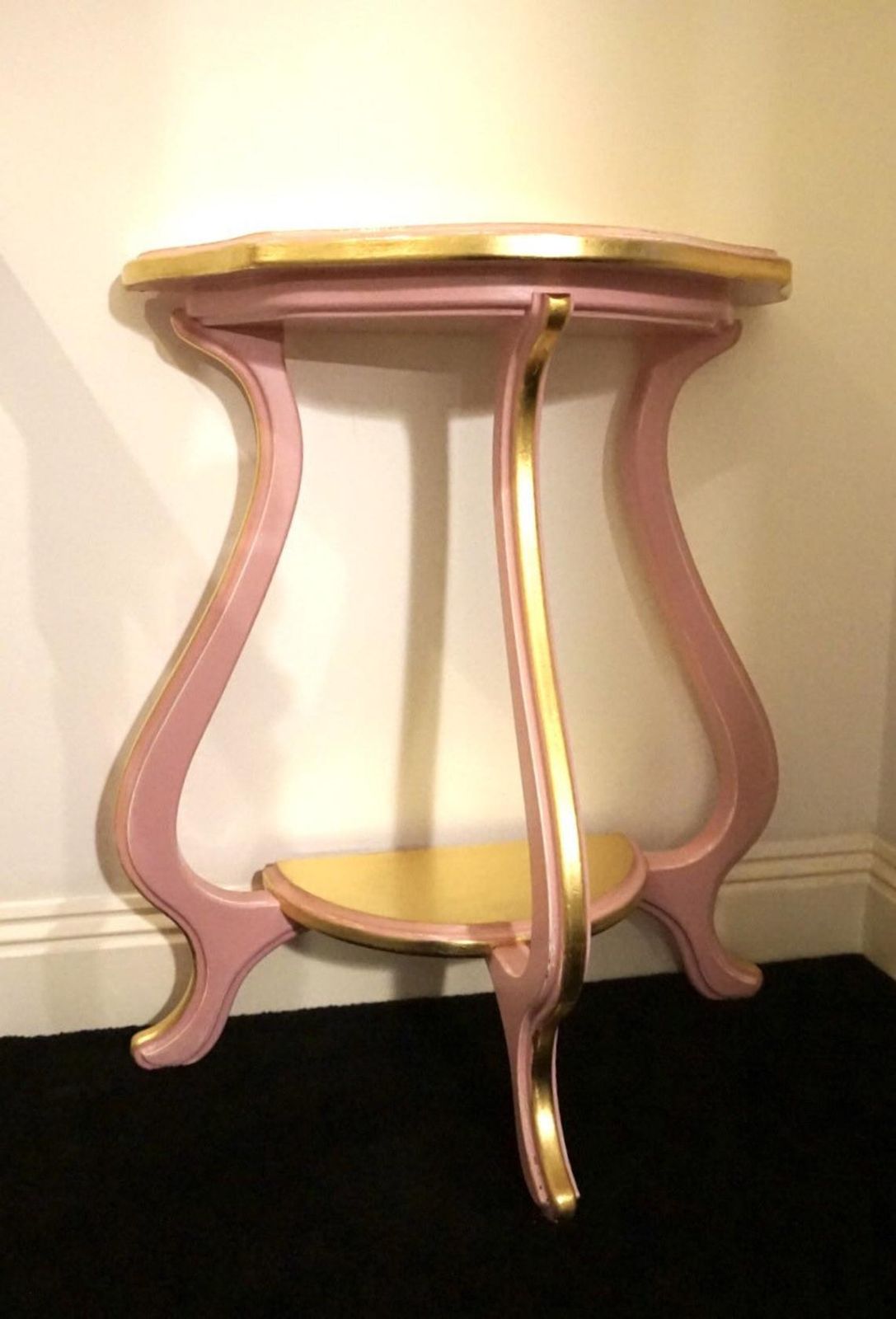 Half Moon Dusty Pink And Gold Console Table, With Curved Legs, Scalloped To Edge And Shelf. photo vintage
