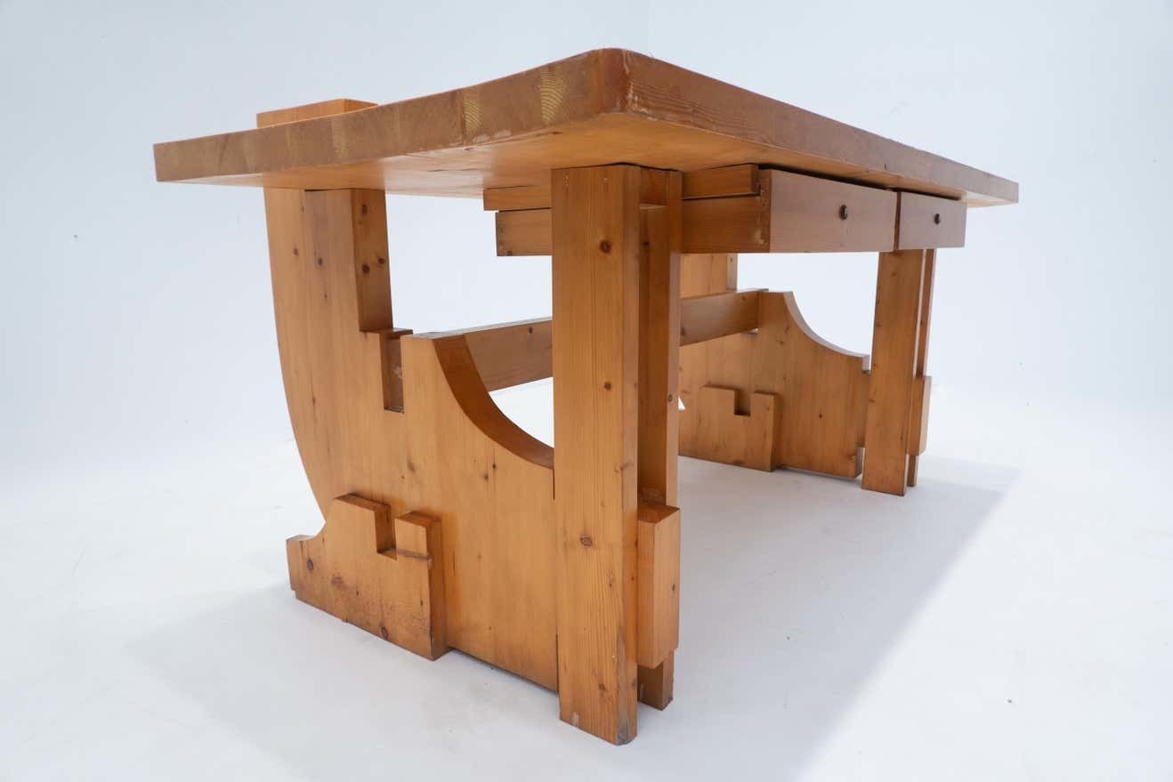photo vintage Mid Century Modern Desk With Drawers, Pine Wood, Italy, 1960s
