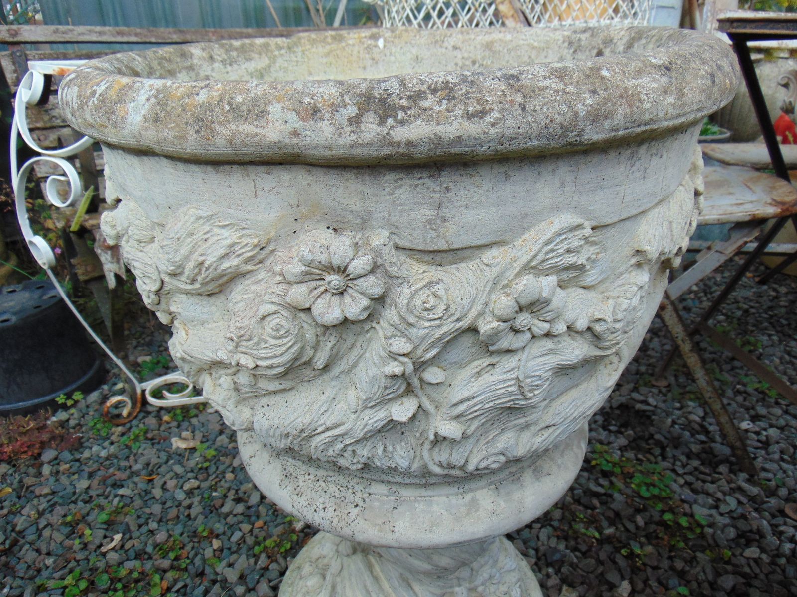 Pair Large Weathered Reconstituted Stone Urns Decorated With Flowers photo 575.0