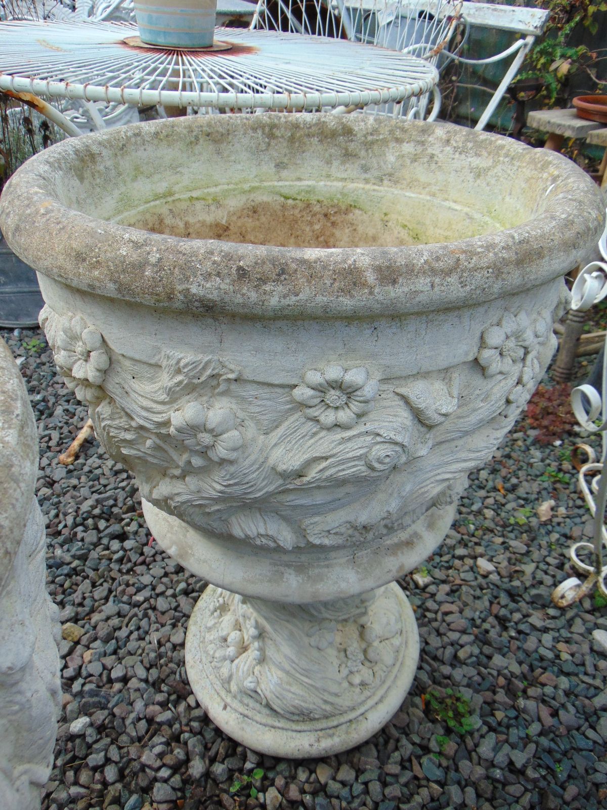 Pair Large Weathered Reconstituted Stone Urns Decorated With Flowers photo vintage