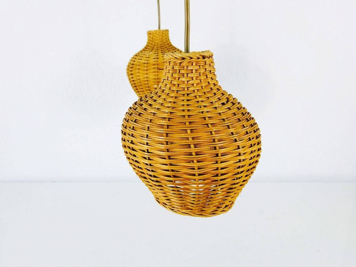 Mid Century Modern Rare Pendant Light   Rattan Shade   Teak Hanging Lamp   Cone Shape   1960s photo Lighting