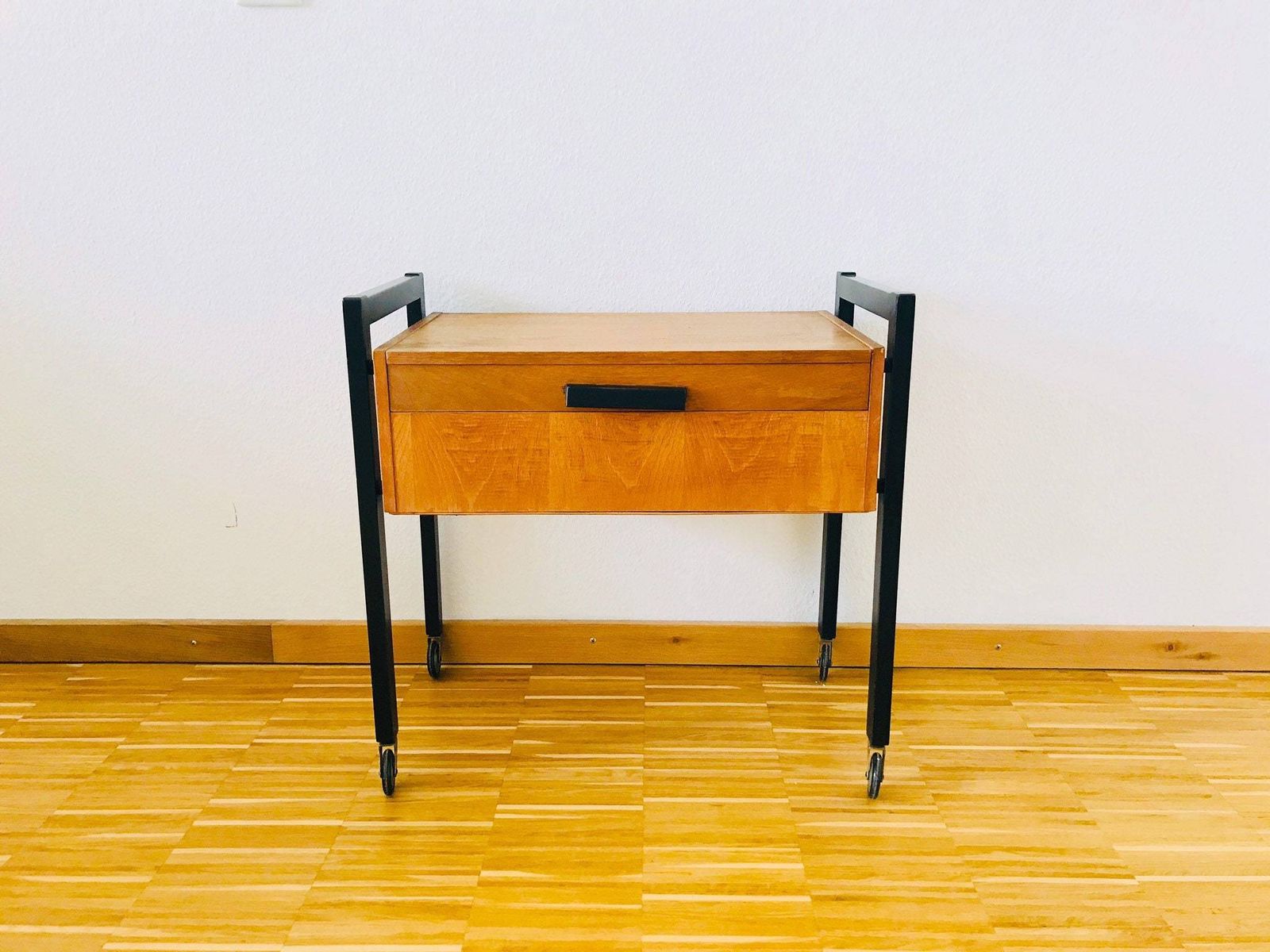 Mid Centuy Modern Metan And Woodwn Sewing Box On Wheels   Germany   1960s photo furniture