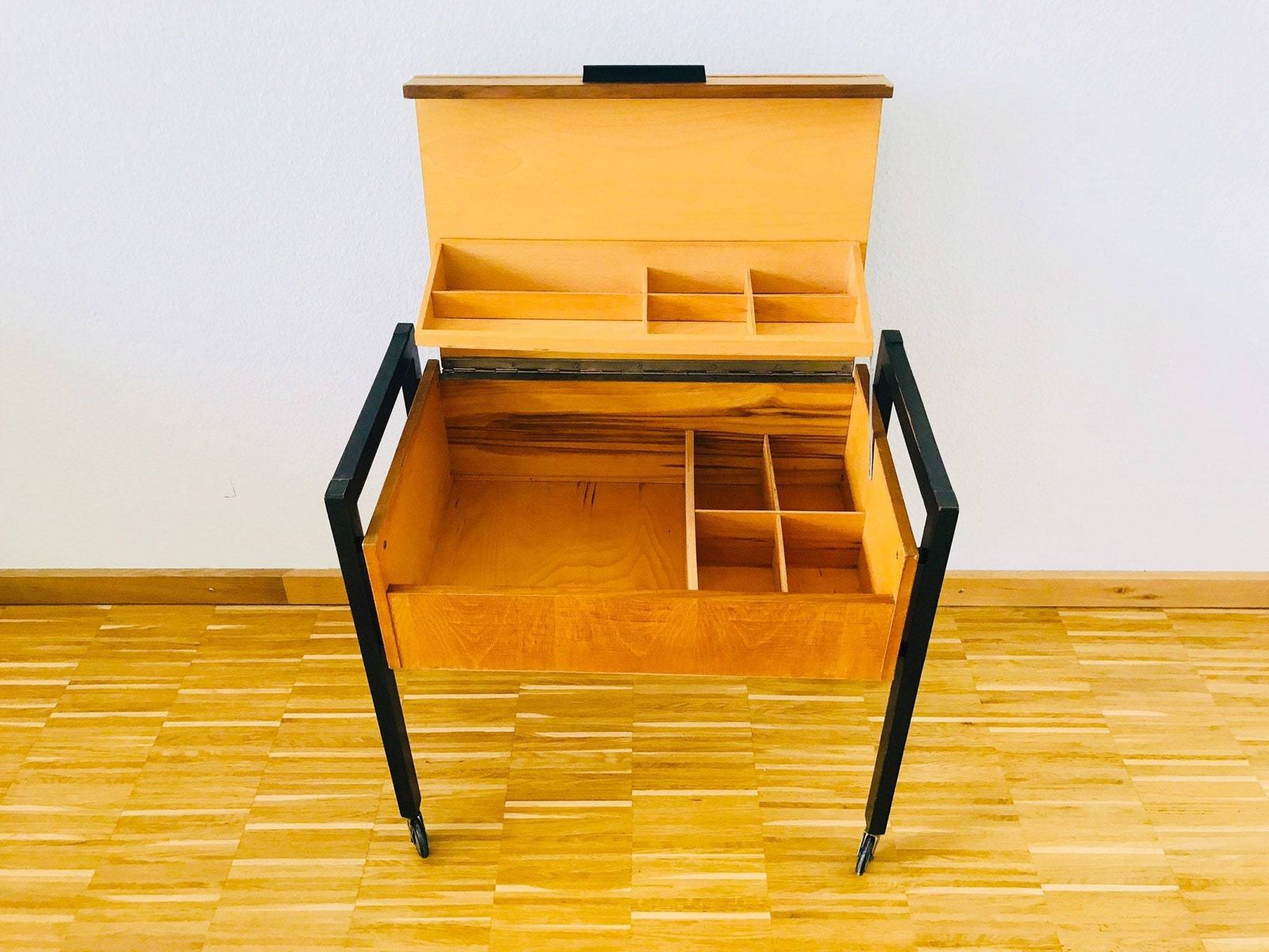 Mid Centuy Modern Metan And Woodwn Sewing Box On Wheels   Germany   1960s photo for sale