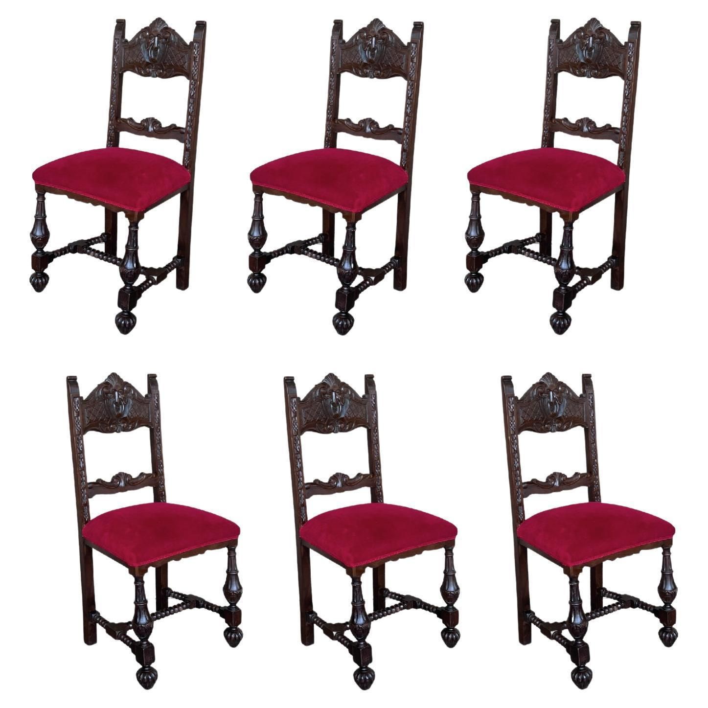 19th Century Set Of Six French Carved Walnut Turned Wood Chairs With Velvet Seat