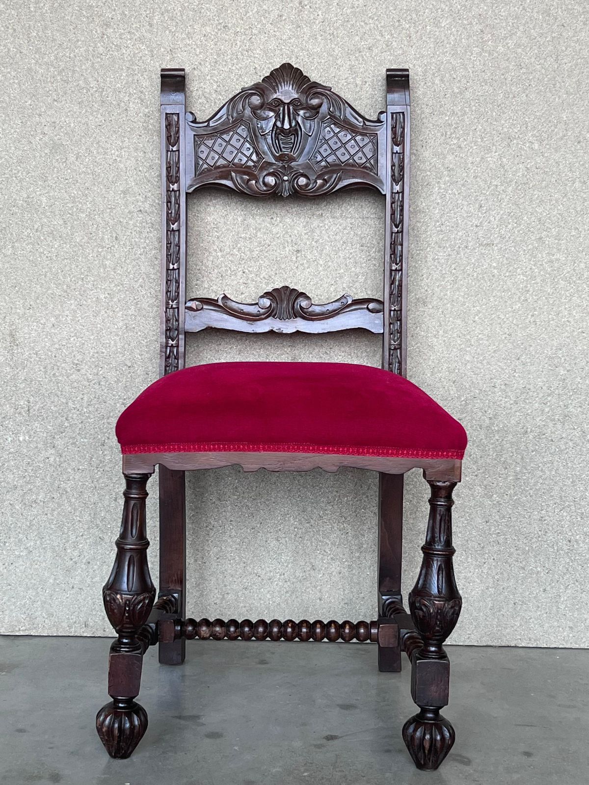 19th Century Set Of Six French Carved Walnut Turned Wood Chairs With Velvet Seat photo furniture