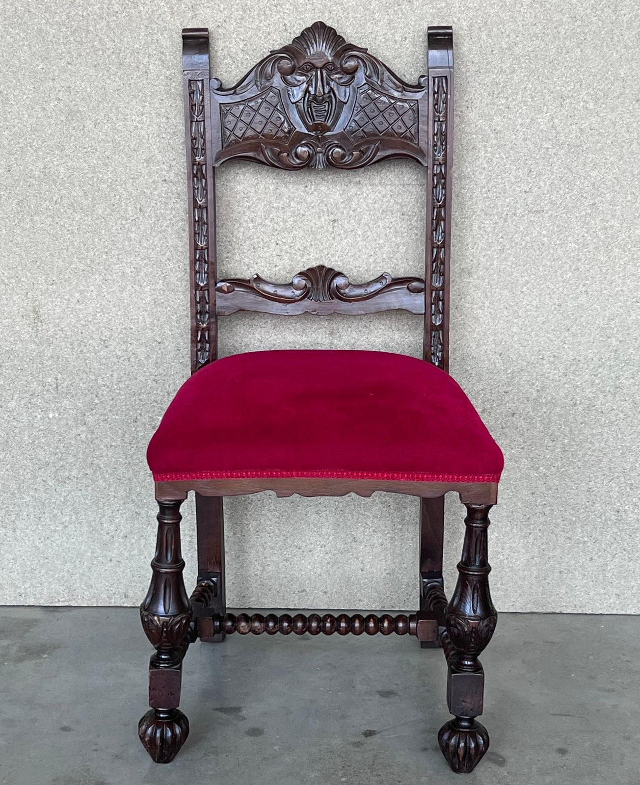 19th Century Set Of Six French Carved Walnut Turned Wood Chairs With Velvet Seat photo for sale