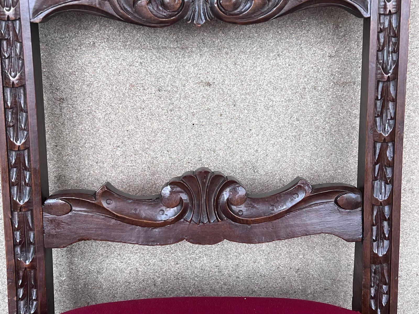 Furniture 19th Century Set Of Six French Carved Walnut Turned Wood Chairs With Velvet Seat photo