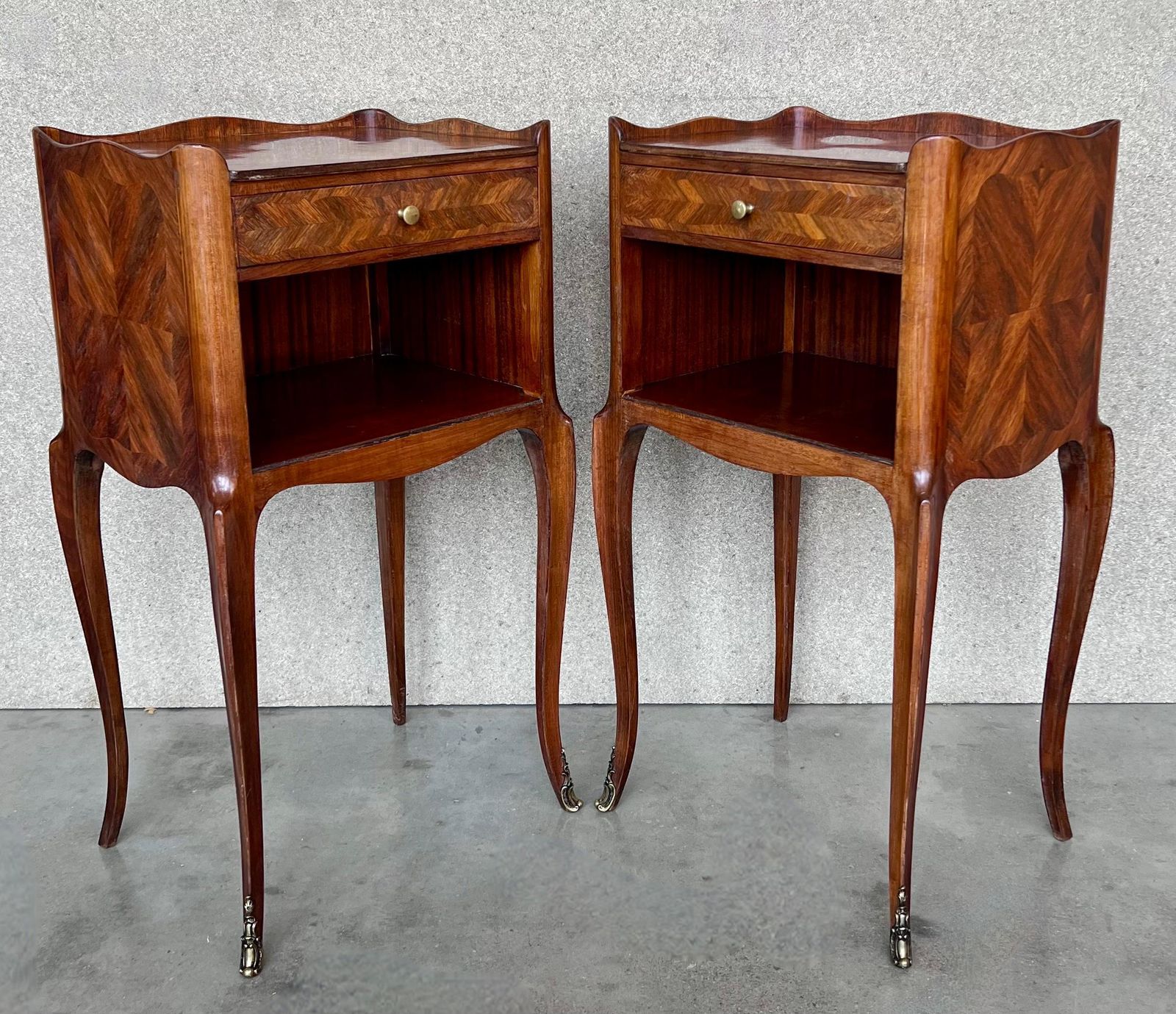 20th Pair Of Marquetry Walnut Nightstands Tables With Drawer And Open Shelf photo for sale