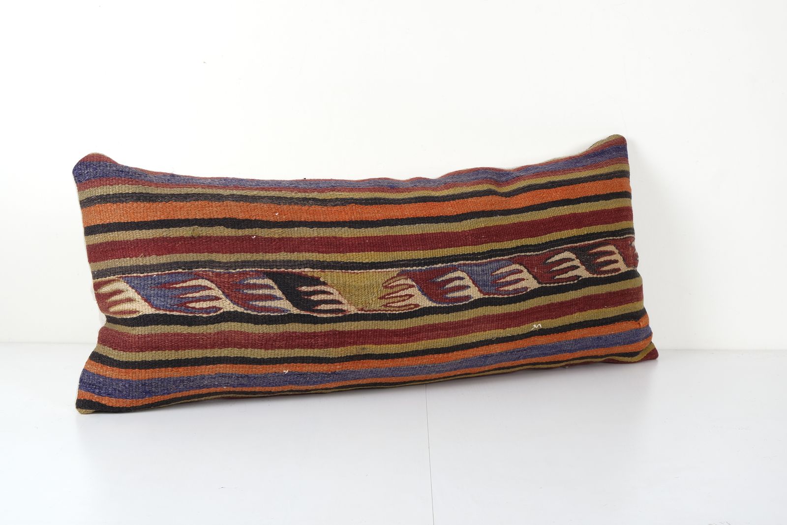 Turkish Striped Long Kilim Lumbar Pillow Case With Red Color Anatolian Bedding Kilim Pillow Cover 16'' X 38'' photo Textiles