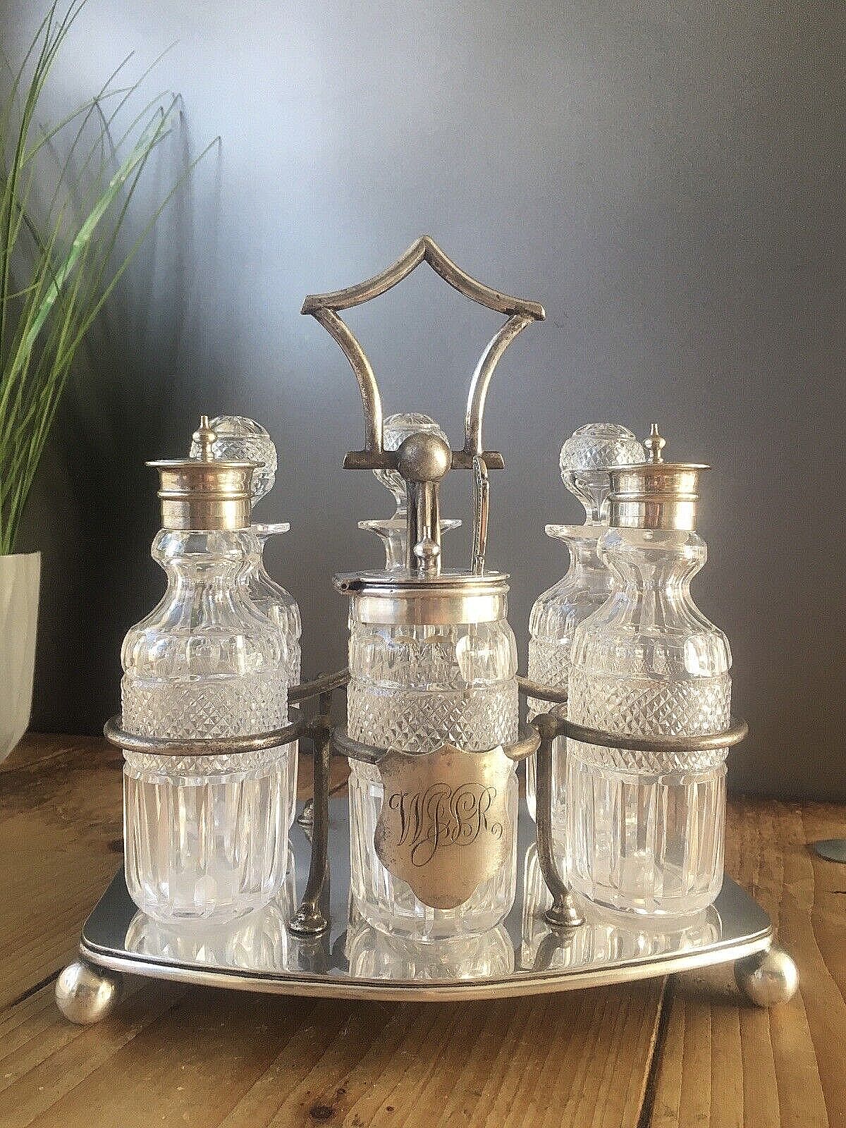 250.0 Exceptional Antique Richard Richardson 6 Bottle Cut Glass Cruet Set & Epns Stand photo