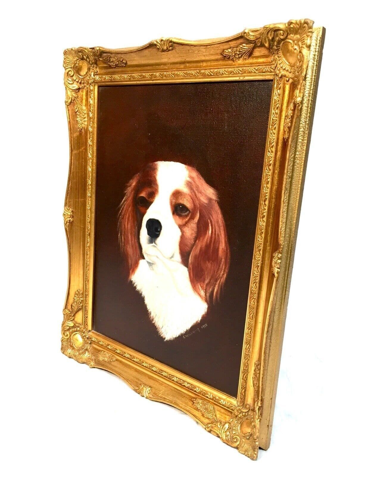 Vintage Framed Blenheim Cavalier King Charles Spaniel Dog Oil Painting On Canvas photo for sale