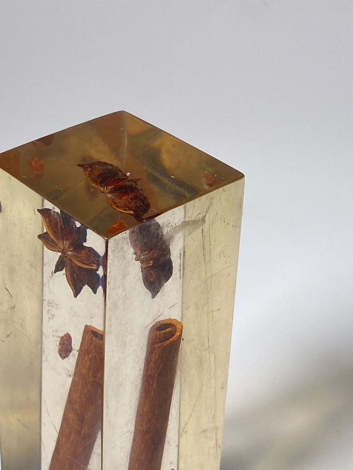 French 1970s Lucite Resin Cube Sculpture With Vanilla Parts Inclusions photo 286.0