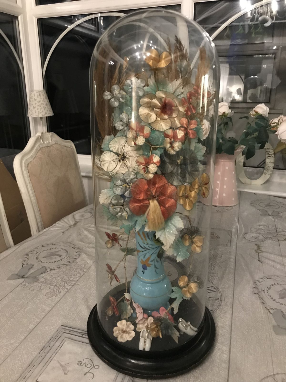 Tall Victorian Glass Dome Containing A Vase Of Silk Flowers . photo Home Decor
