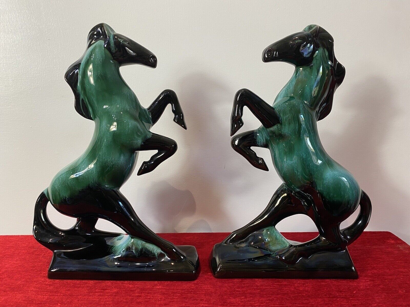 Pair Of Art Deco Style Terracotta Teal Drip Glazed Rearing Stallion Figurines photo furniture