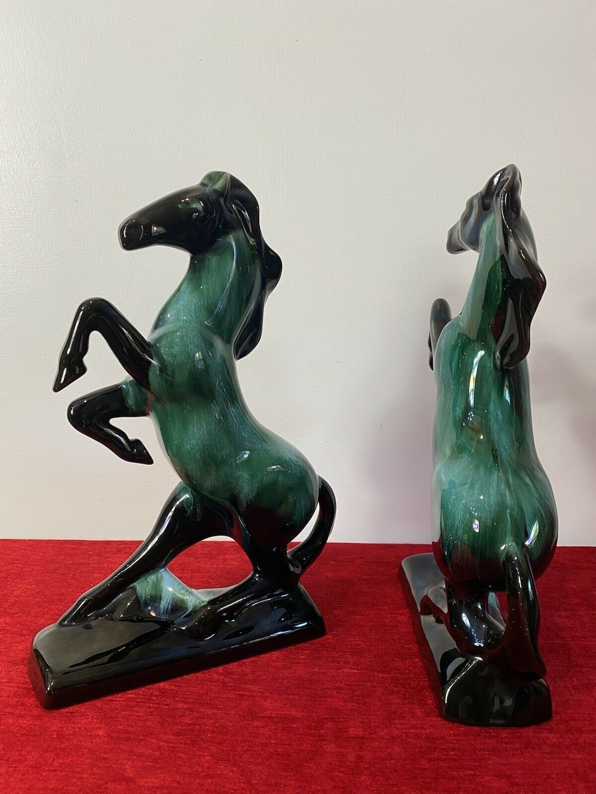 photo furniture Pair Of Art Deco Style Terracotta Teal Drip Glazed Rearing Stallion Figurines