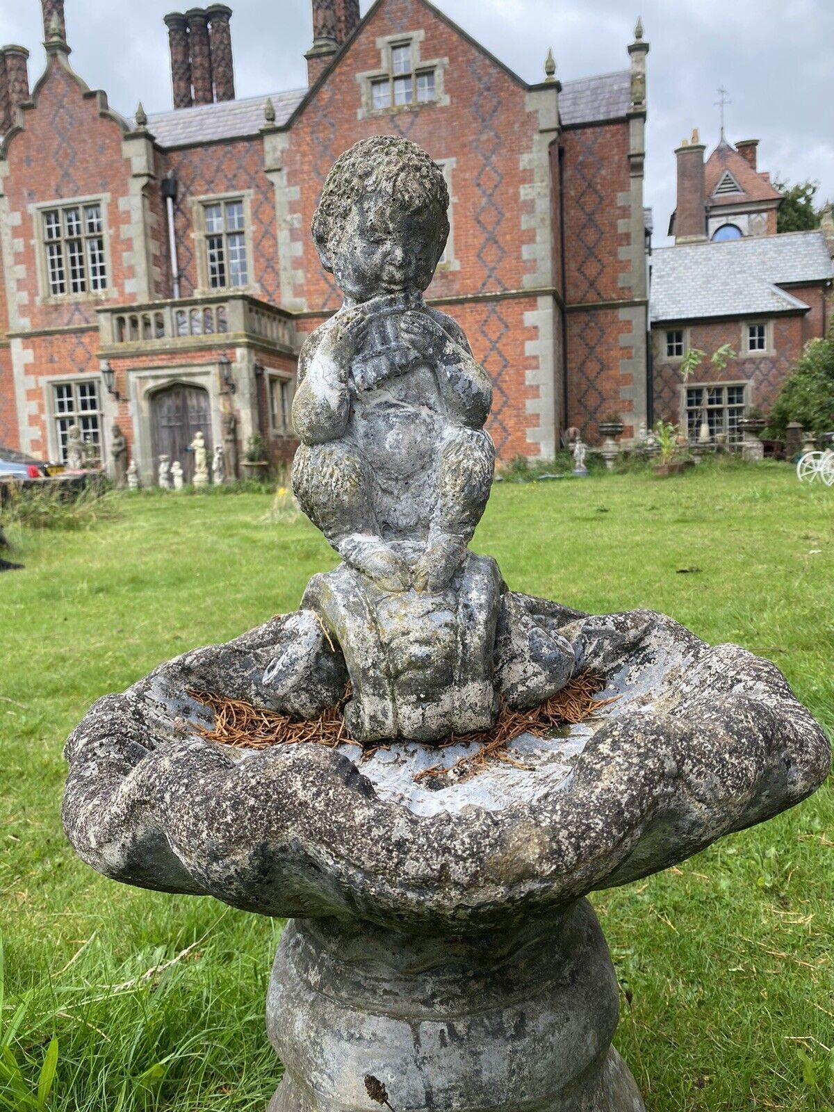 Mythological Water Feature Centrepiece Of Faun Boy Sat Upon Scalloped Bowl photo furniture